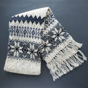 Fair Isle Scarf Wool Blend Oatmeal Blue Gray Fringe Double Layer Nordic 56 x 8